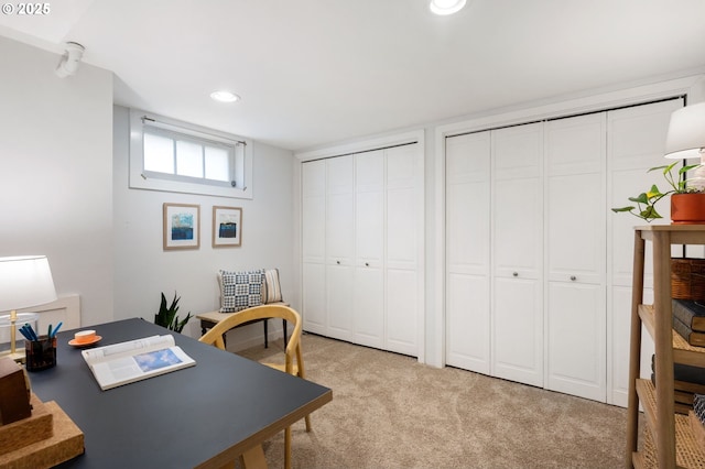 office area featuring recessed lighting and light colored carpet