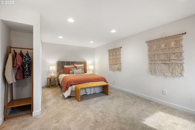 bedroom with carpet flooring, recessed lighting, and baseboards