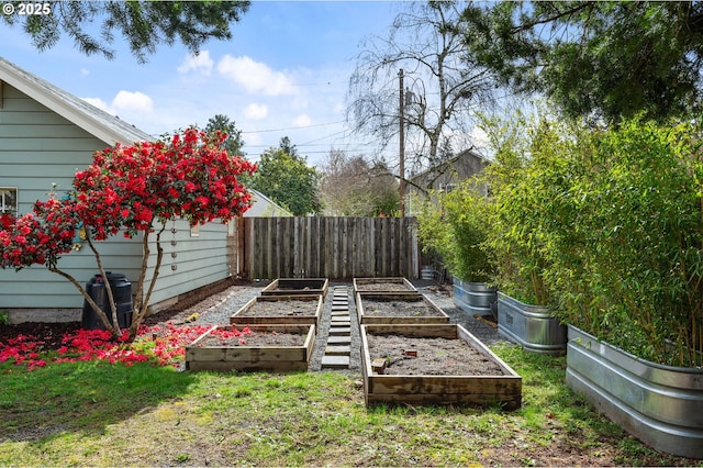 view of yard featuring a vegetable garden and fence