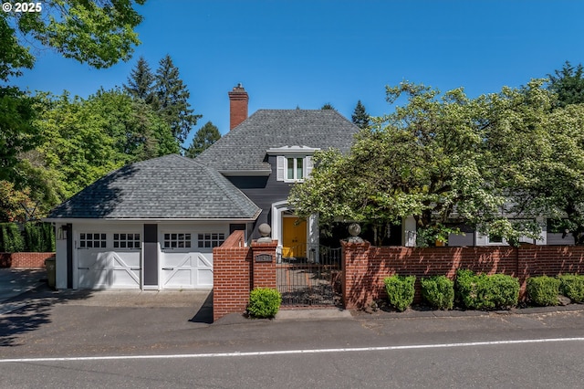 view of front of house featuring a fenced front yard, an attached garage, a chimney, and roof with shingles