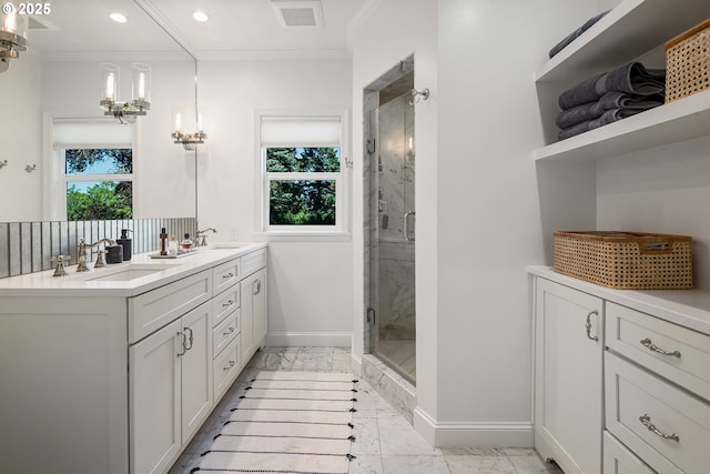 full bathroom with marble look tiles, crown molding, baseboards, a shower stall, and recessed lighting