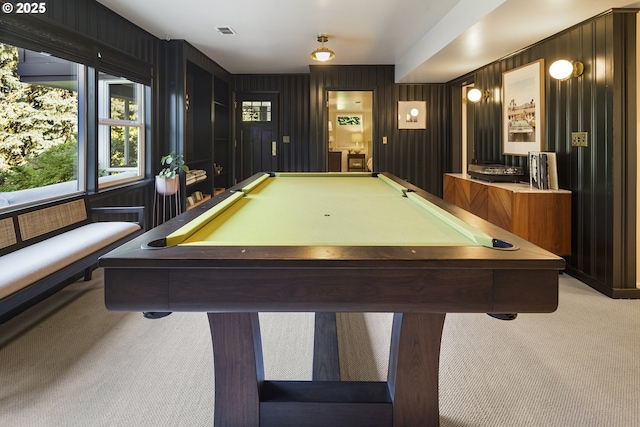 rec room with light colored carpet and billiards