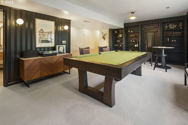 game room with light carpet, billiards table, and built in shelves