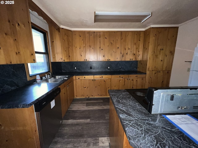 kitchen with sink, dark wood-type flooring, stainless steel dishwasher, and backsplash