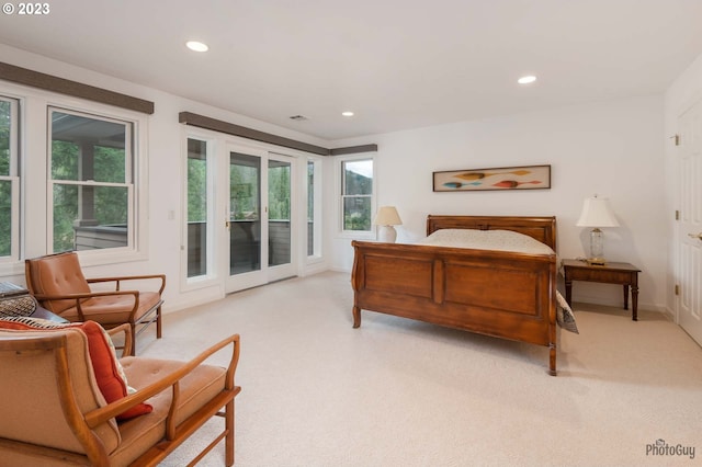 46769 Goodpasture Rd, Vida, OR 97488 - bedroom featuring recessed lighting, access to exterior, and light colored carpet