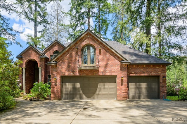 46769 Goodpasture Rd, Vida, OR 97488 - view of front of property with a shingled roof, a garage, a balcony, brick siding, and driveway