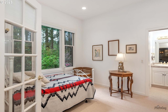 46769 Goodpasture Rd, Vida, OR 97488 - interior space with baseboards, light carpet, recessed lighting, ensuite bathroom, and a sink