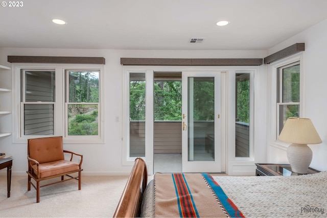 46769 Goodpasture Rd, Vida, OR 97488 - carpeted bedroom with visible vents, baseboards, access to outside, and recessed lighting