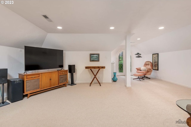 46769 Goodpasture Rd, Vida, OR 97488 - interior space featuring light carpet, visible vents, baseboards, and vaulted ceiling