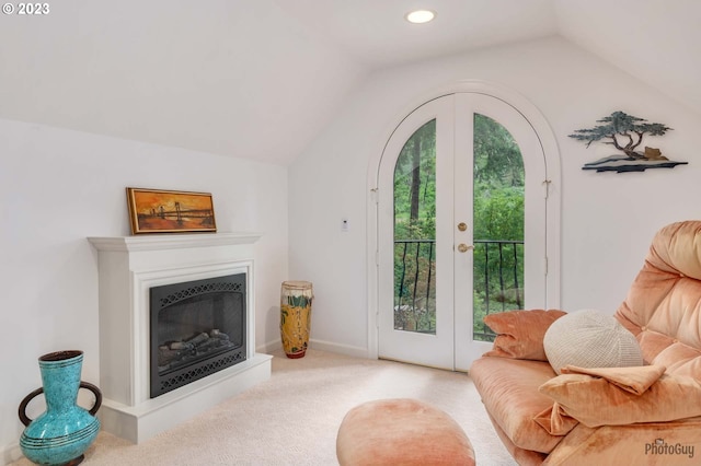 46769 Goodpasture Rd, Vida, OR 97488 - living area with a glass covered fireplace, vaulted ceiling, recessed lighting, french doors, and carpet