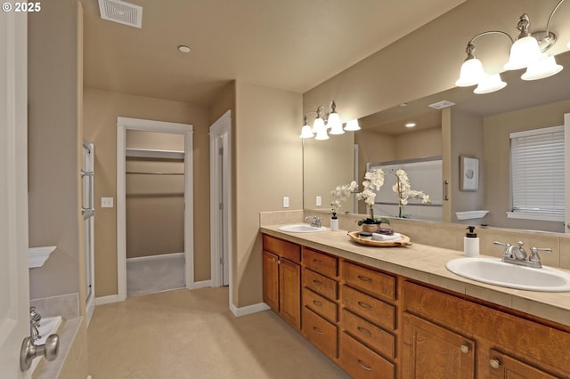 bathroom featuring vanity and a shower