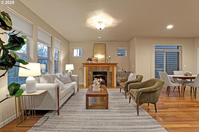 living room with a tiled fireplace and light hardwood / wood-style flooring