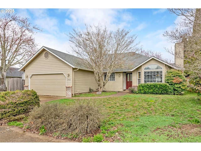 single story home featuring fence, a front yard, a chimney, concrete driveway, and an attached garage