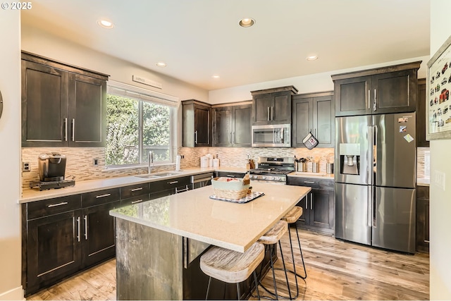 kitchen with light wood finished floors, a sink, backsplash, and appliances with stainless steel finishes