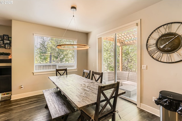 dining room with baseboards, dark wood-style floors, and a healthy amount of sunlight