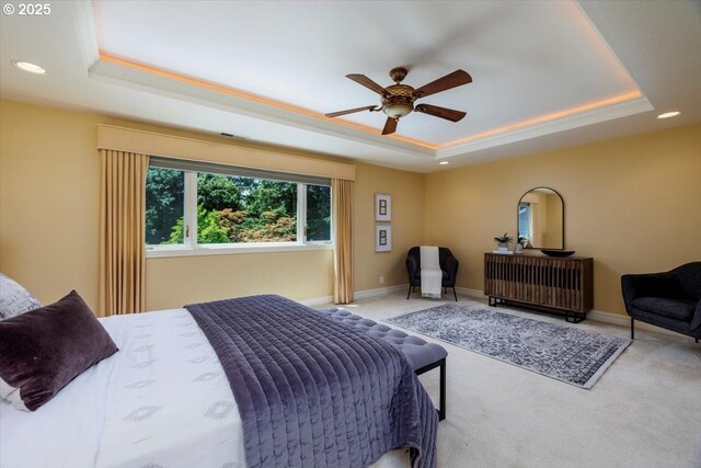 2350 SW Gregory Dr, West Linn, OR 97068 - bedroom featuring a tray ceiling, carpet floors, recessed lighting, and ceiling fan