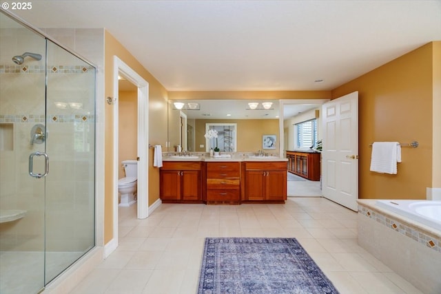 2350 SW Gregory Dr, West Linn, OR 97068 - bathroom with double vanity, a stall shower, tile patterned flooring, and a garden tub