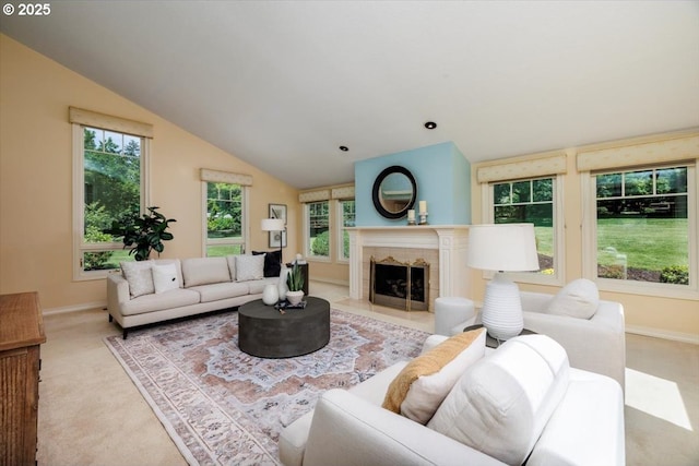 2350 SW Gregory Dr, West Linn, OR 97068 - carpeted living room with a tile fireplace and vaulted ceiling