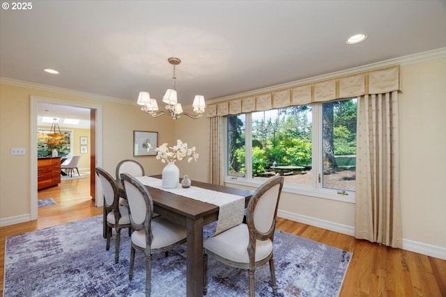 2350 SW Gregory Dr, West Linn, OR 97068 - dining room featuring a chandelier, crown molding, light wood-style flooring, and recessed lighting