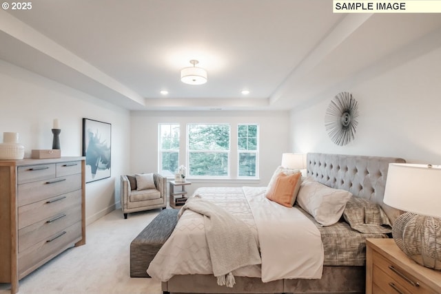 carpeted bedroom with a raised ceiling