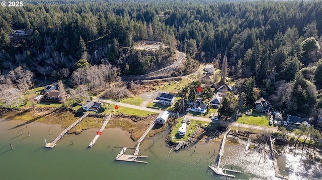 drone / aerial view featuring a water view and a forest view