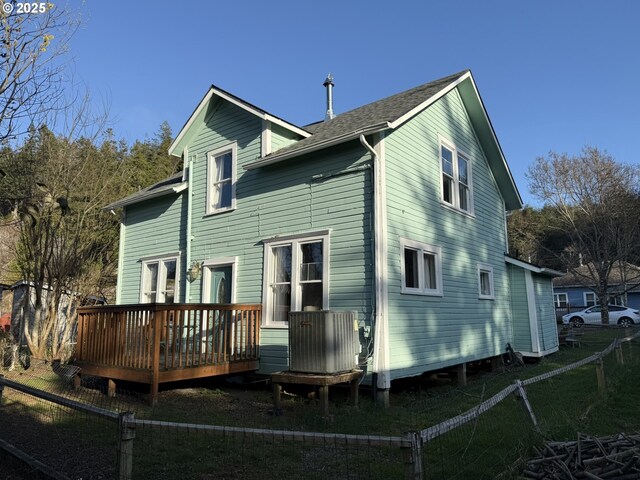 back of property featuring fence, a deck, and roof with shingles