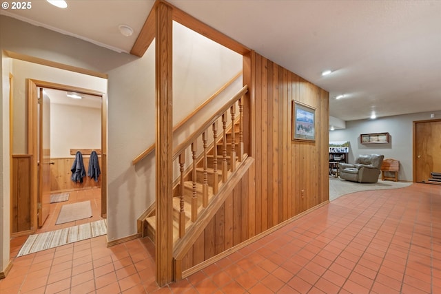 62436 Mink Ln, Summerville, OR 97876 - stairway with wooden walls, tile patterned floors, recessed lighting, and baseboards