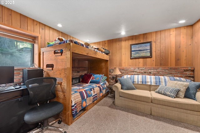 62436 Mink Ln, Summerville, OR 97876 - carpeted bedroom with wood walls, recessed lighting, and a desk