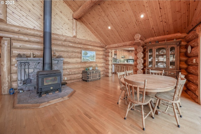 35919 NE 25th Cir, Washougal, WA 98671 - dining room featuring a wood stove, wood ceiling with exposed beams, log walls, high vaulted ceiling, and light wood-type flooring