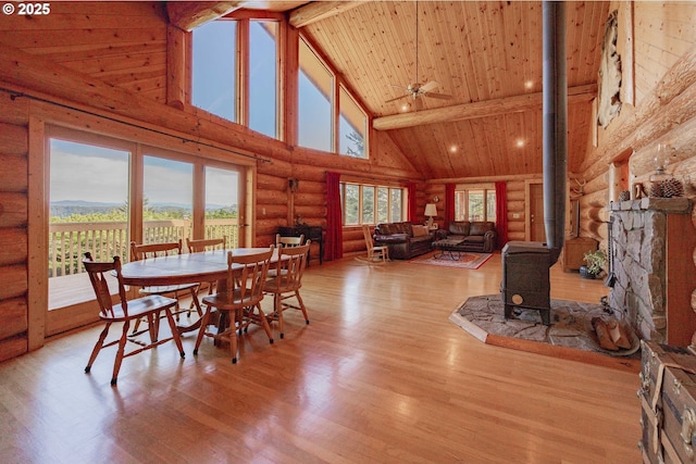 35919 NE 25th Cir, Washougal, WA 98671 - dining area with log walls, high vaulted ceiling, a wood stove, wood ceiling with exposed beams, and wood finished floors