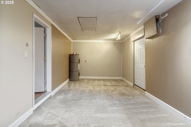 basement featuring crown molding, light colored carpet, and water heater