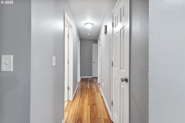 hallway featuring a textured ceiling and light hardwood / wood-style flooring