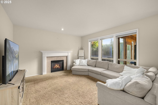 22767 SW Saunders Dr, Sherwood, OR 97140 - living area with carpet, a tile fireplace, recessed lighting, and baseboards