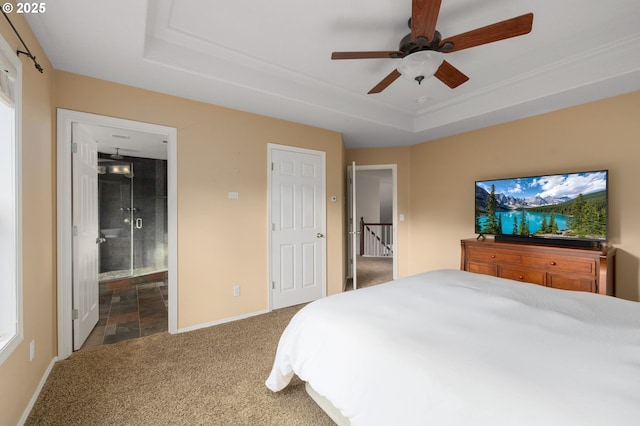 22767 SW Saunders Dr, Sherwood, OR 97140 - carpeted bedroom with baseboards, a raised ceiling, ensuite bathroom, and ceiling fan