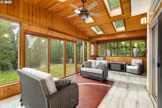 22767 SW Saunders Dr, Sherwood, OR 97140 - sunroom / solarium with a skylight, an outdoor living space, healthy amount of natural light, vaulted ceiling, and a ceiling fan