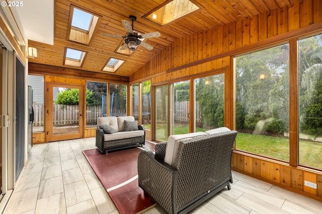 22767 SW Saunders Dr, Sherwood, OR 97140 - sunroom featuring a skylight, healthy amount of natural light, a ceiling fan, and vaulted ceiling