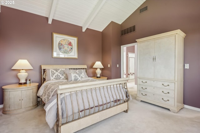 bedroom with beamed ceiling, light carpet, wood ceiling, and visible vents