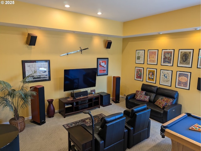 carpeted living area with baseboards, billiards, and recessed lighting