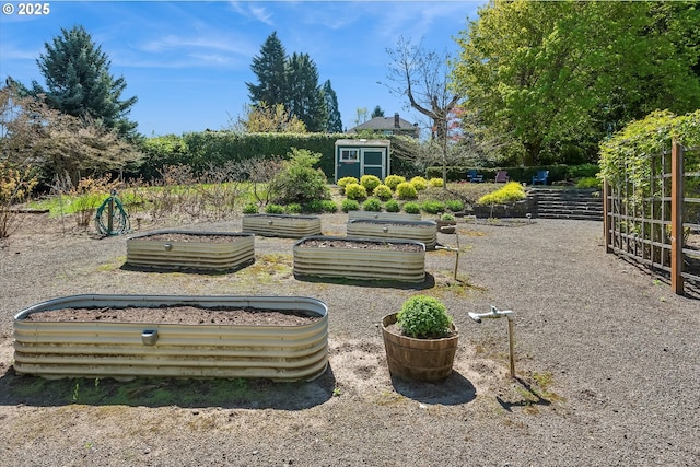 view of yard with a storage shed, an outdoor structure, and a vegetable garden