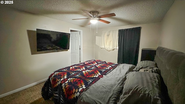 bedroom featuring carpet flooring, ceiling fan, a textured ceiling, and baseboards