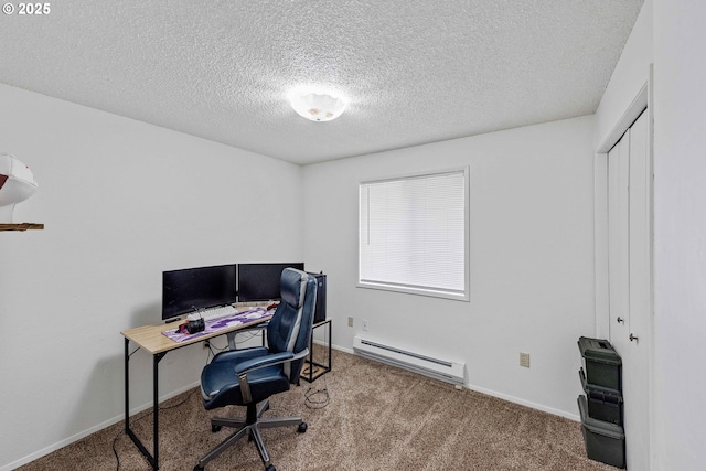1030 Augustine Ave, Coos Bay, OR 97420 - home office featuring a textured ceiling, carpet, baseboards, and a baseboard heating unit