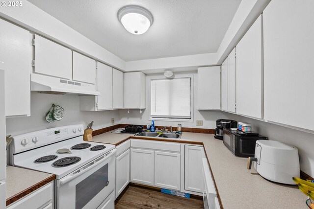 1030 Augustine Ave, Coos Bay, OR 97420 - kitchen featuring under cabinet range hood, white electric range, a sink, light countertops, and white cabinets