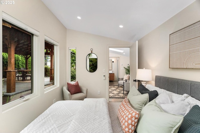 bedroom with multiple windows, vaulted ceiling, and recessed lighting