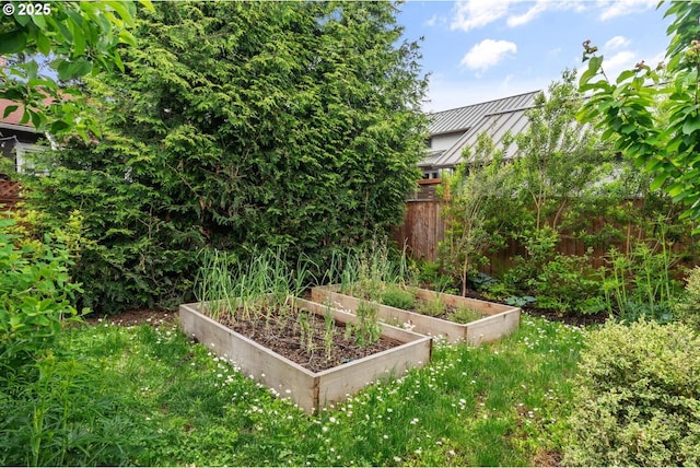 view of yard featuring fence and a vegetable garden