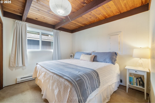 33565 Shore Dr, Pacific City, OR 97135 - carpeted bedroom with a baseboard radiator and wooden ceiling with exposed beams