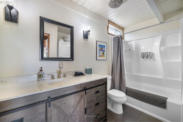 33565 Shore Dr, Pacific City, OR 97135 - bathroom featuring tile patterned flooring, vanity, shower / tub combo with curtain, wooden ceiling, and toilet