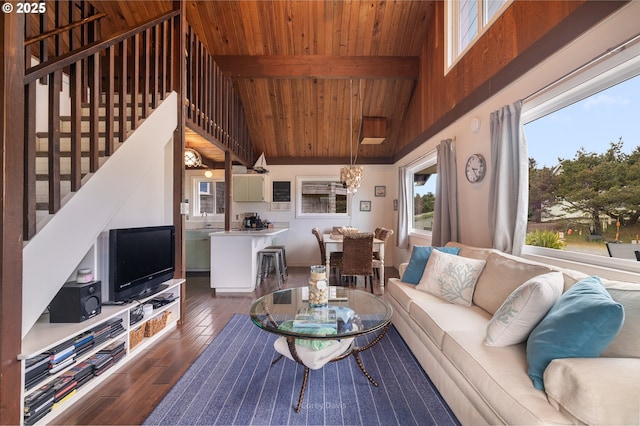 33565 Shore Dr, Pacific City, OR 97135 - living room featuring wood ceiling with exposed beams, hardwood / wood-style flooring, high vaulted ceiling, and a chandelier