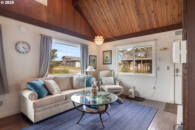 33565 Shore Dr, Pacific City, OR 97135 - living area with vaulted ceiling, hardwood / wood-style flooring, baseboards, and wooden ceiling