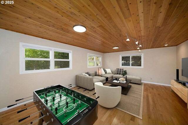 4045 SW Jerald Ct, Portland, OR 97221 - playroom featuring wood ceiling, wood finished floors, baseboards, and lofted ceiling