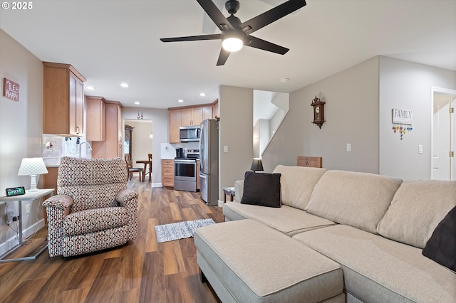 14644 SE Sterling Ct, Clackamas, OR 97015 - living room featuring dark wood-type flooring, recessed lighting, and ceiling fan